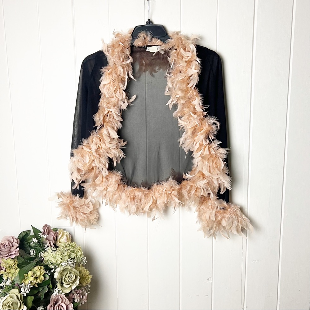 Vintage Love, Love Black Sheer Boa Trimmed Open Jacket Top